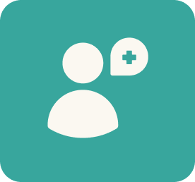 Icon showing a user silhouette with a medical symbol (a plus sign) in a chat bubble, set against a teal background. Icon showing a user silhouette with a medical symbol (a plus sign) in a chat bubble, set against a teal background.