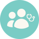 Teal icon of two people with a stethoscope in the center rigth Teal icon of two people with a stethoscope in the center rigth