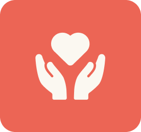 Icon of two raised hands holding a heart, symbolizing care, compassion, or support. The design is in cream on a coral-red background. Icon of two raised hands holding a heart, symbolizing care, compassion, or support. The design is in cream on a coral-red background.