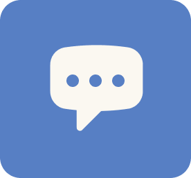 Blue square icon with rounded corners featuring a white speech bubble containing three dots. Blue square icon with rounded corners featuring a white speech bubble containing three dots.