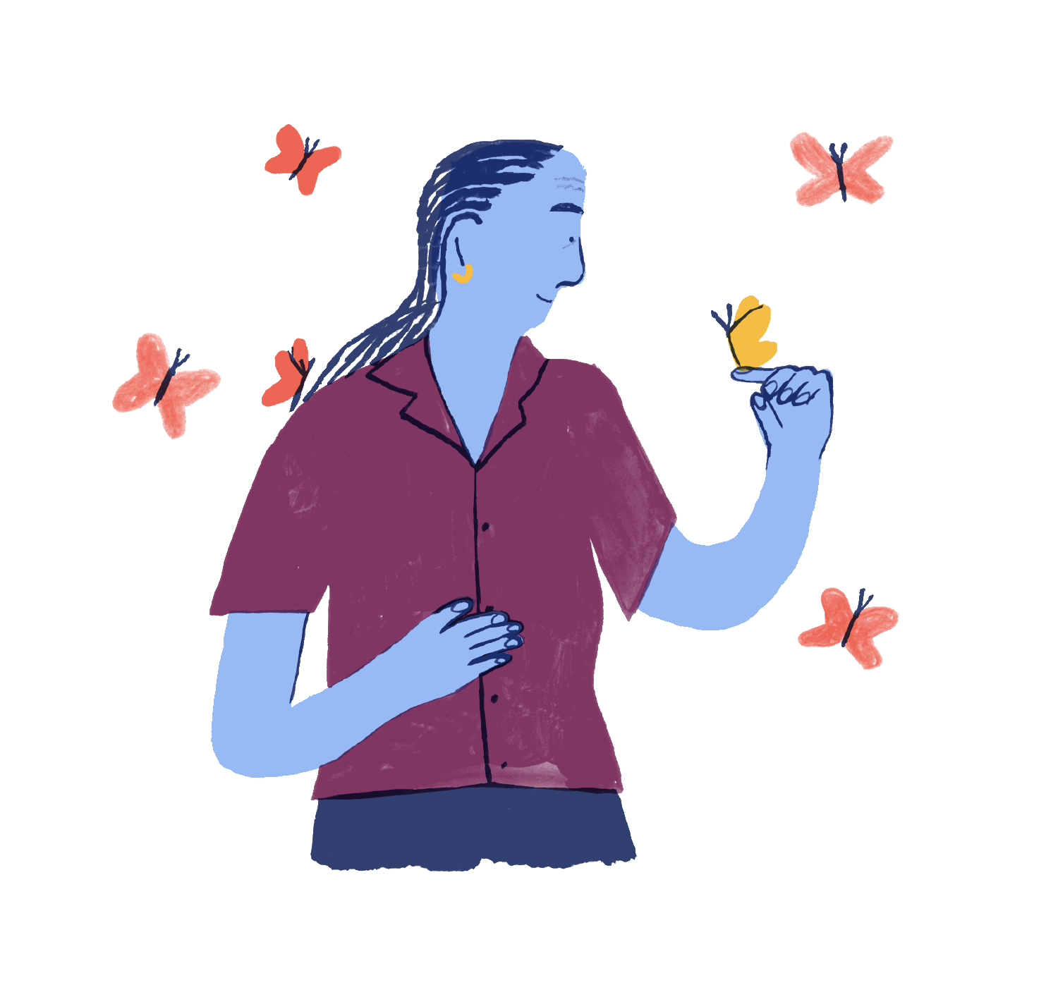 Whimsical illustration of a woman surrounded by orange butterflies, with a yellow butterfly landing on her finger
