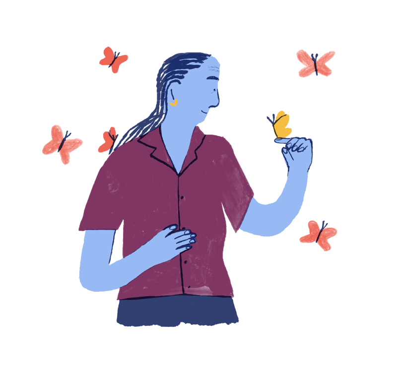Whimsical illustration of a woman surrounded by orange butterflies, with a yellow butterfly landing on her finger