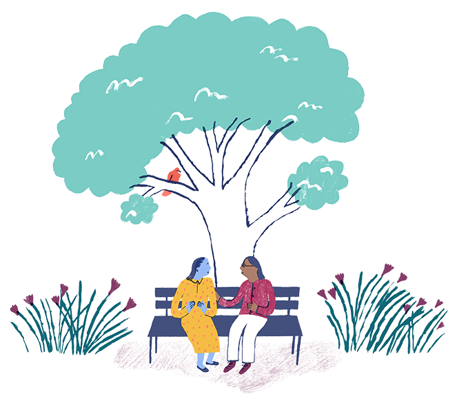 Whimsical illustration of two people sitting on a bench under a tree