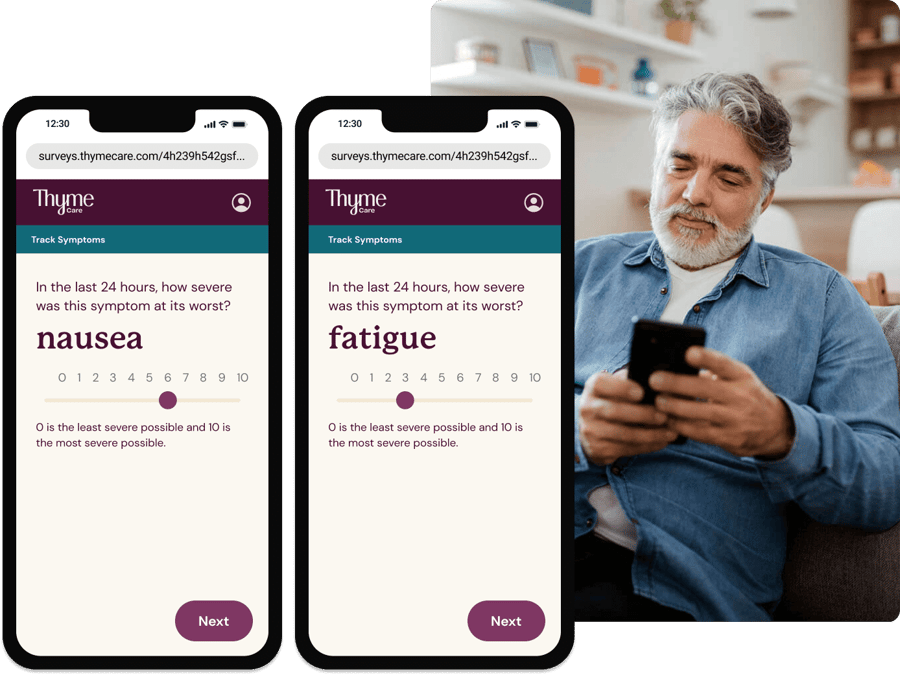 Two screens showing Thyme Care Connect symptom tracker, next to an image of a man with gray hair and a beard looking at his phone