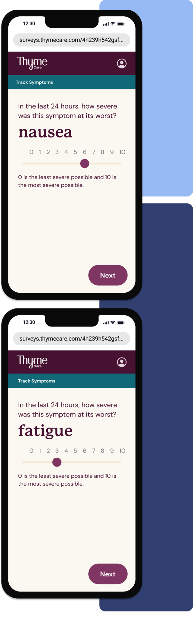 Symptom trackers for nausea and fatigue