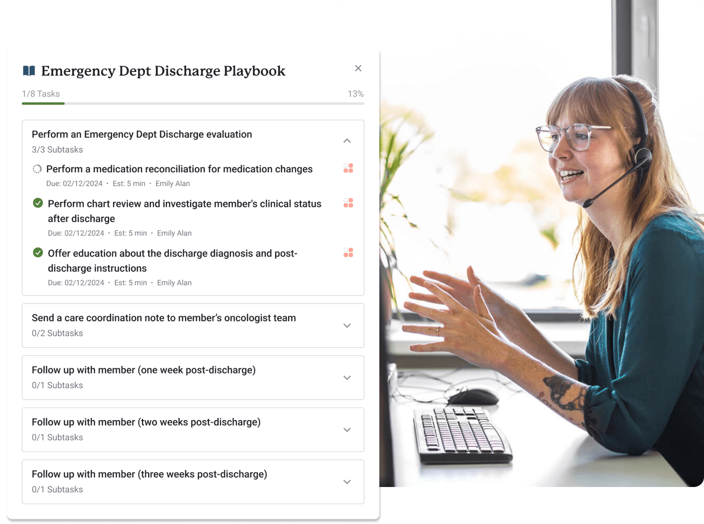 Thyme Box playbook detailed tasks for Emergency Department Discharge alongside a Care Partner on a virtual call