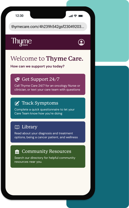 A colorful Thyme Care mobile product screen asking "How can we support you today?", with follow up options for Get Support 24/7, Track Symptoms, Library, Community Resources A colorful Thyme Care mobile product screen asking "How can we support you today?", with follow up options for Get Support 24/7, Track Symptoms, Library, Community Resources