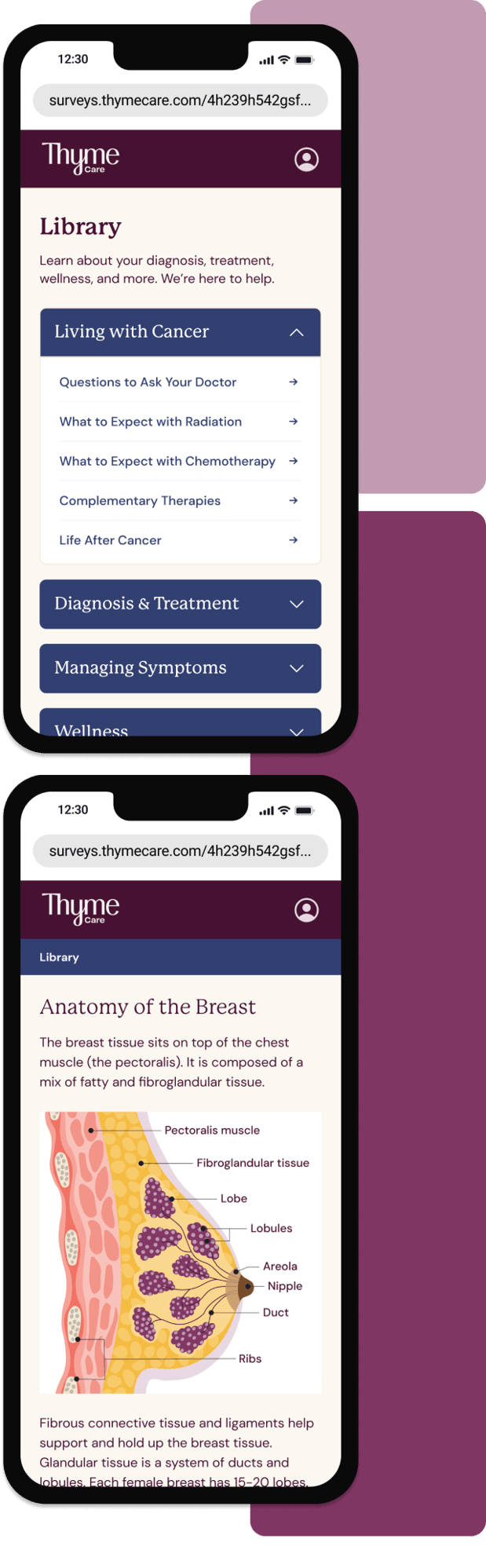 Two mobile screens show a cancer treatment guide and library menu.