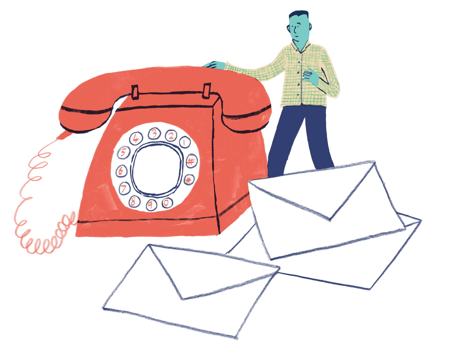 Illustration of a man standing behind an overszied red telephone to the left, one hand resting on top, with several oversized envelopes at his feet depicting communication