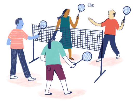 A group of four diverse individuals standing together playing bad minton, each holding a racket, with smiles on their faces. They are dressed in casual athletic clothing and footwear, and the scene has a playful cartoon style.