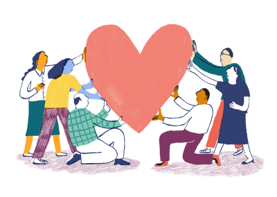Illustration of six people holding up a large heart together.