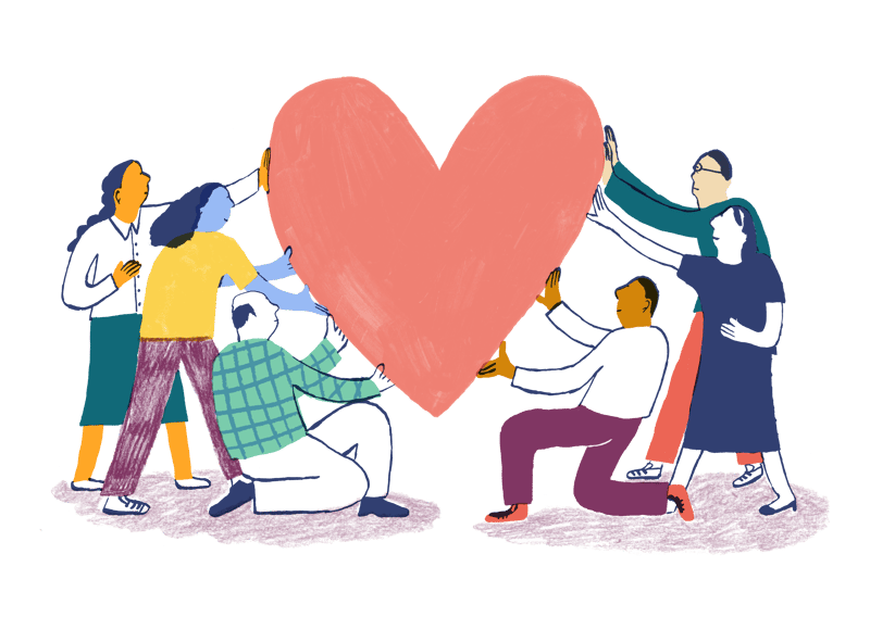 Whimsical illustration of different people holding a giant heart
