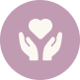 Mauve icon with white hands holding up a heart.