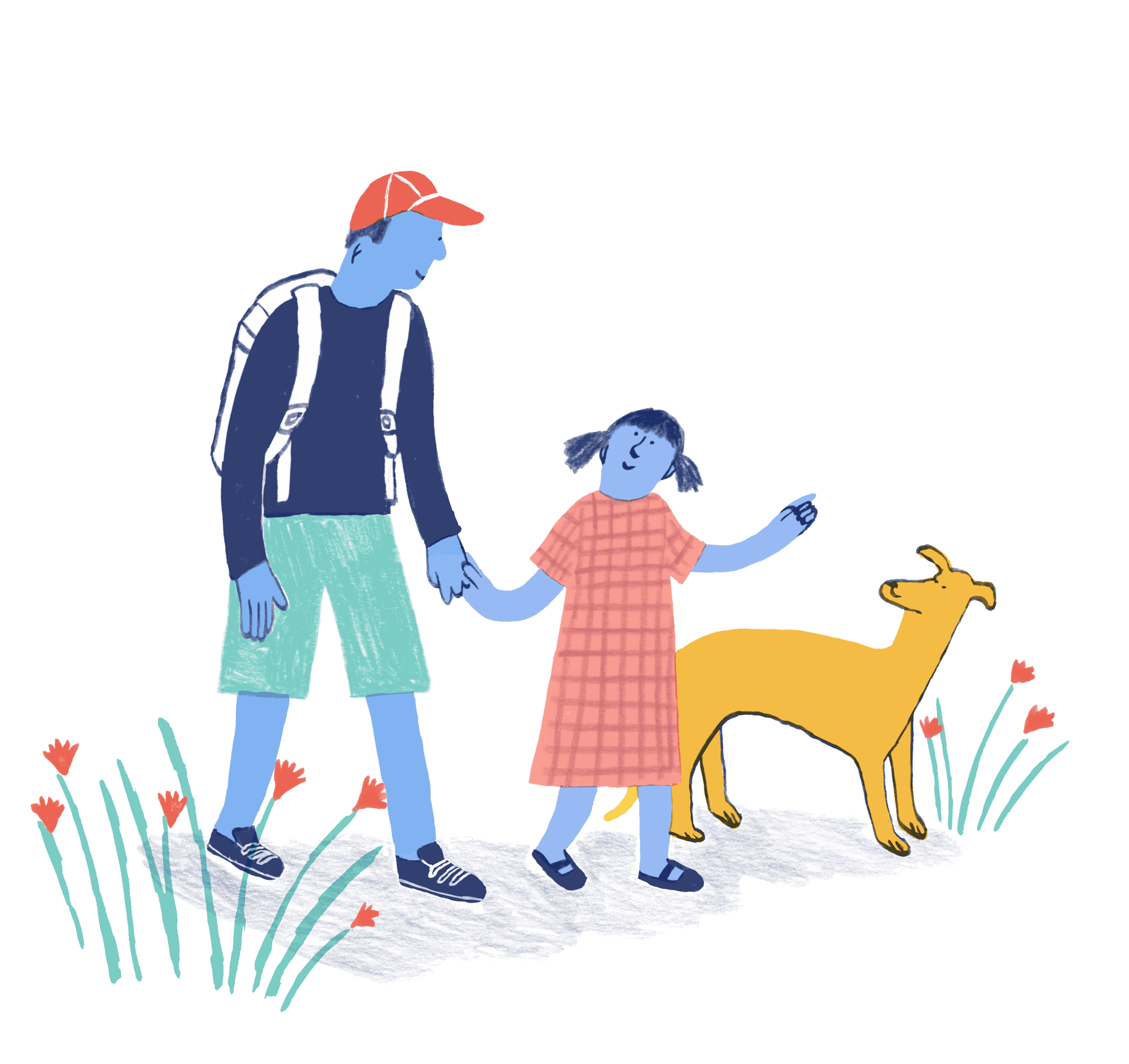 Illustration of a father and daughter walking with a dog through patch of flowers