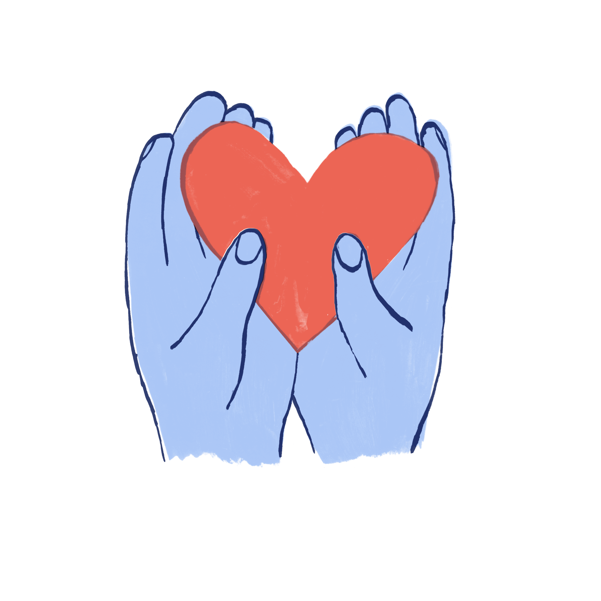 Whimsical illustration of two blue hands gently holding a red heart
