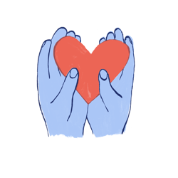 illustration of two blue hands gently holding a red heart