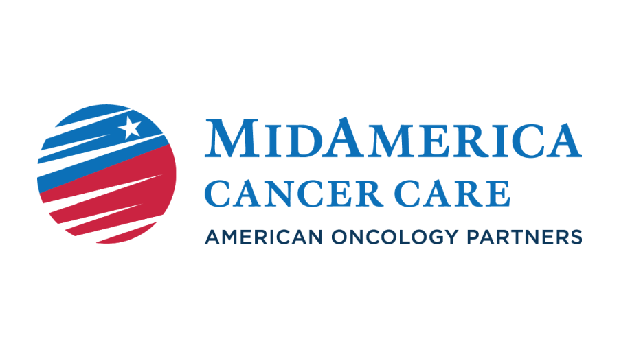 Logo for MidAmerica Cancer Care, part of American Oncology Partners. Features a red, white, and blue abstract globe with a star on the left, and the organization’s name in bold blue text.