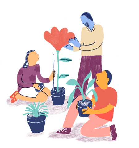 Three people interacting with potted plants, featuring bright and varied colors on a black background.