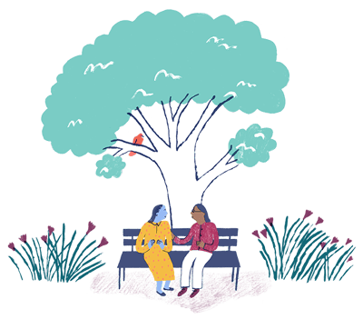 Whimsical illustration of two people sitting on a bench under a tree