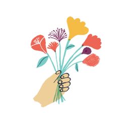illustration of a hand holding a bouquet of different flowers