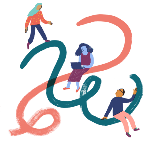 Illustration of people walking and sitting on squiggly lines.