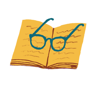 Illustration of teal blue glasses on top of an open book with yellow pages