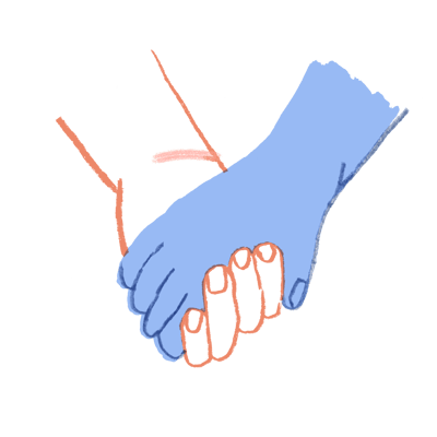 Illustration of a blue hand holding a tiger lily colored hand