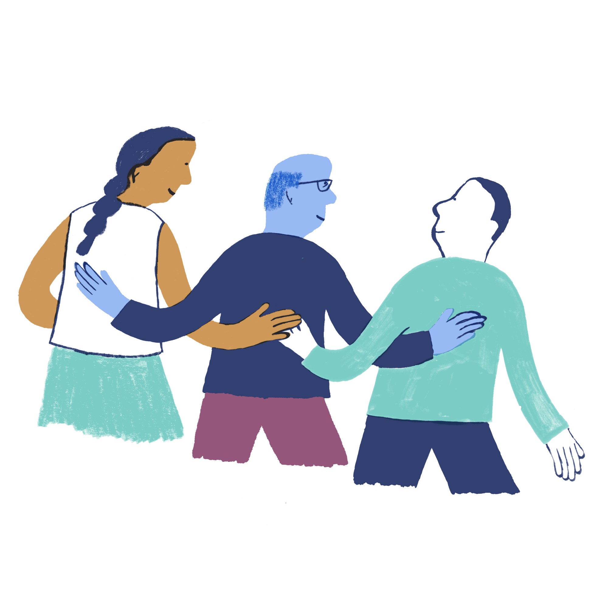 Whimsical illustration of three people standing in a line with hands on each person's back