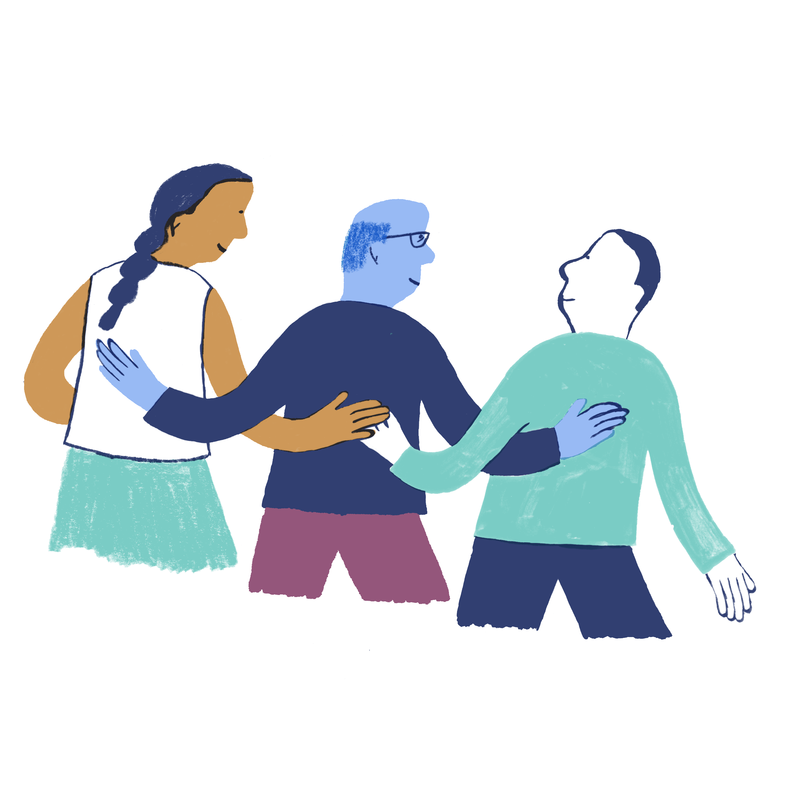 Illustration depicting three individuals embracing each other in a warm and affectionate hug.