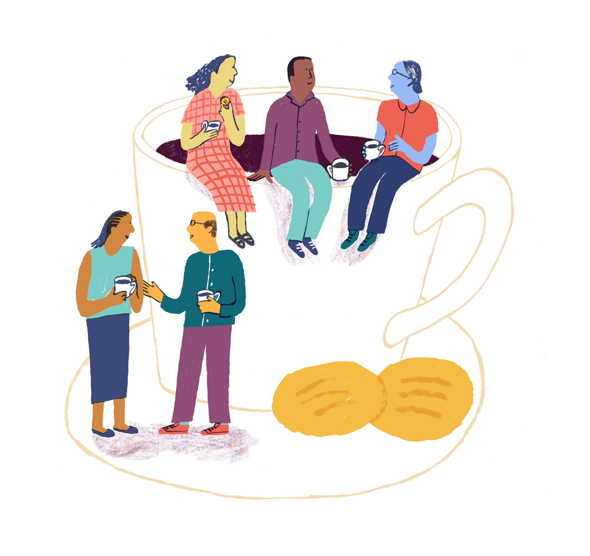 Whimsical illustration of team gathering around coffee cup and sharing time together.