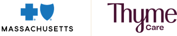 Blue Cross Blue Shield of Massachusetts logo on left separated by a cream line and Thyme Care logo on right