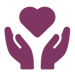 Purple icon with two hands surrounding a heart