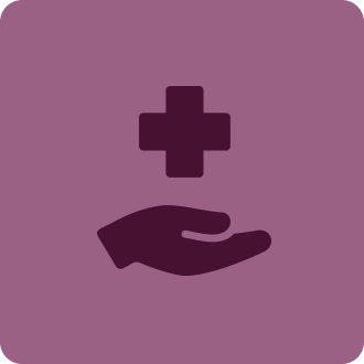 Purple icon of an open hand with a medical cross above it.